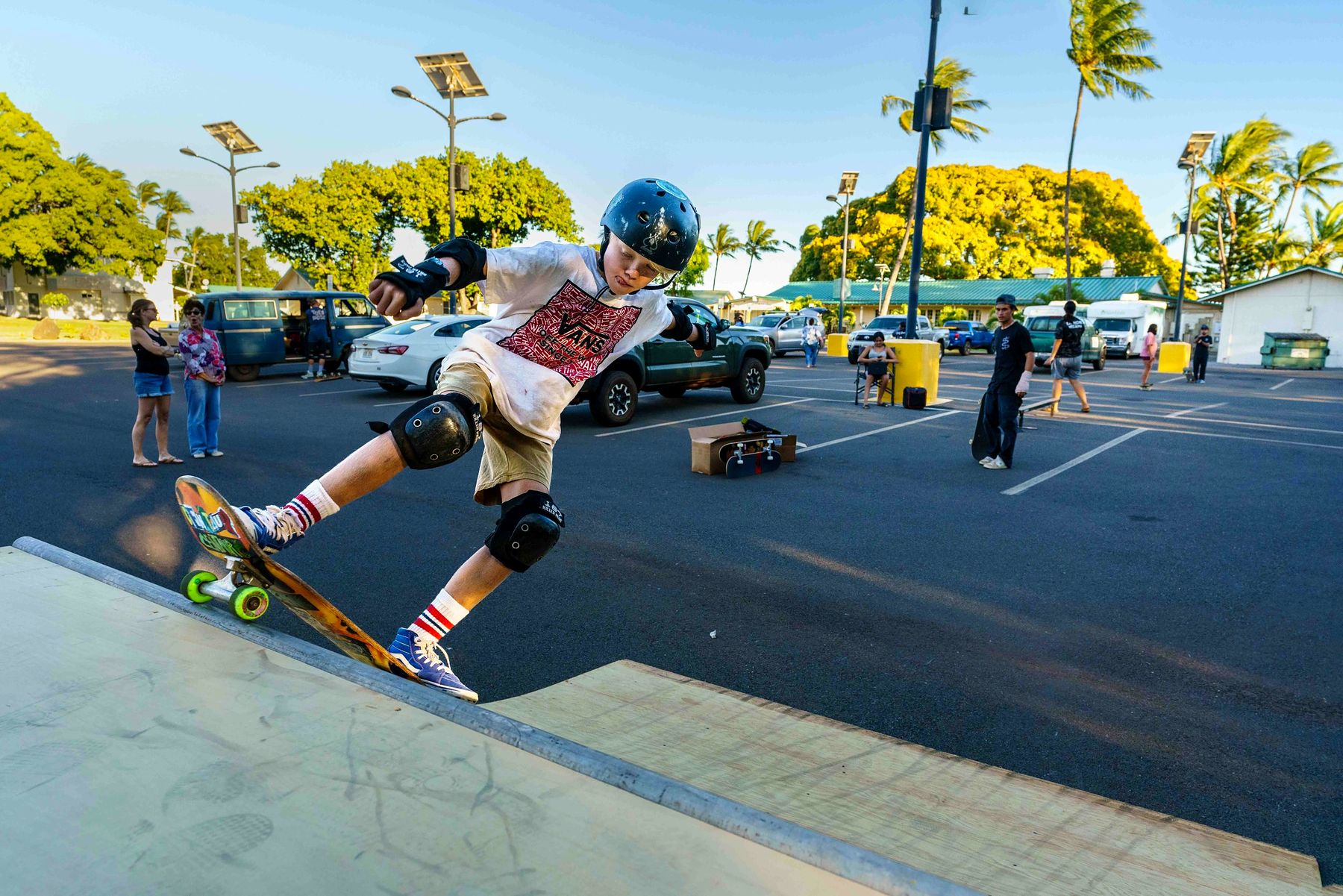 A young skater drops in at the Kaunakakai skate park